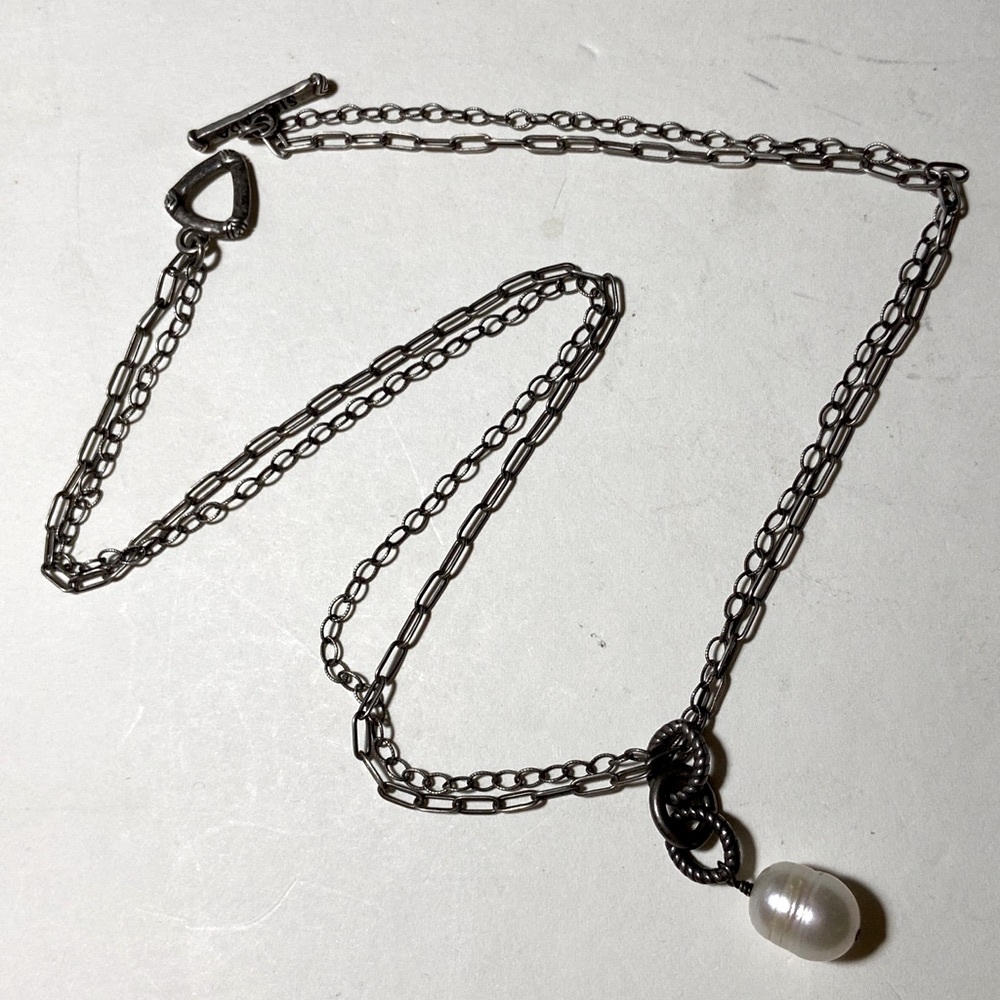 Silpada Sterling Silver Double Strand Chain w/Baroque Pearl Pendant Necklace 18"